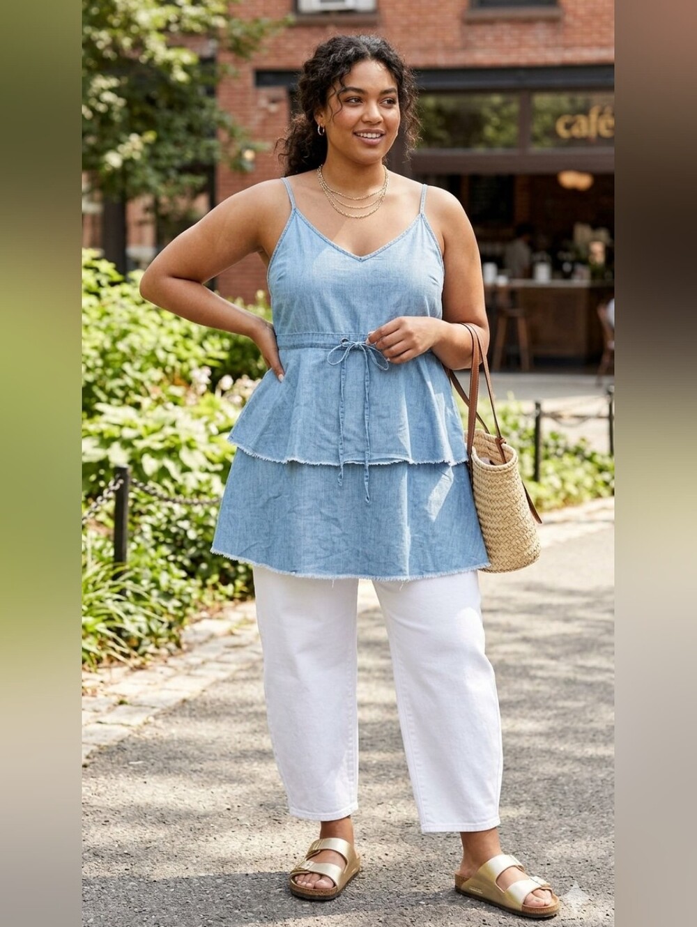 Light Blue Denim Tiered Sleeveless Top